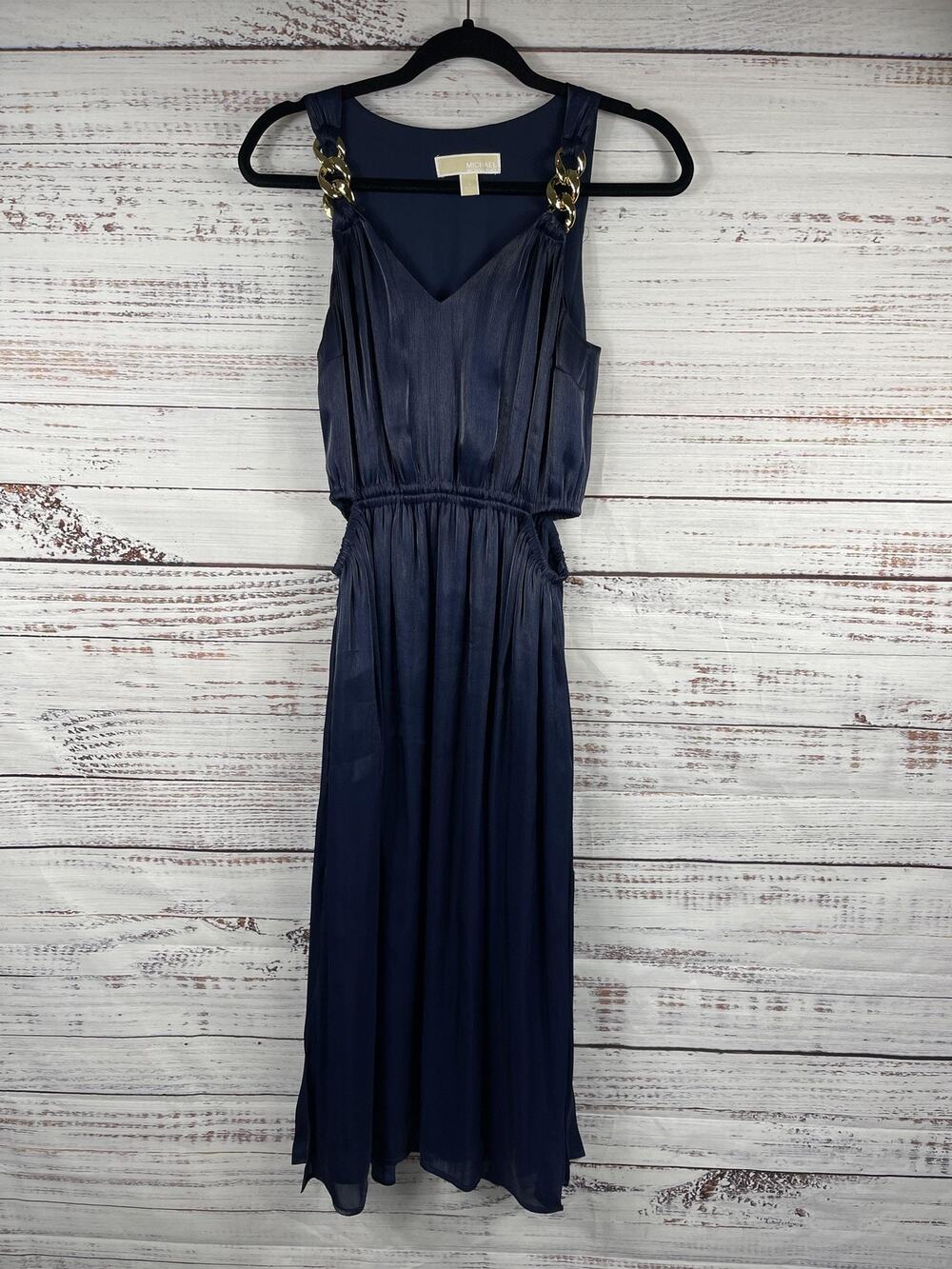 MICHAEL Michael Kors Dress Women's Small Blue Chain Strap Cutout Chiffon Maxi